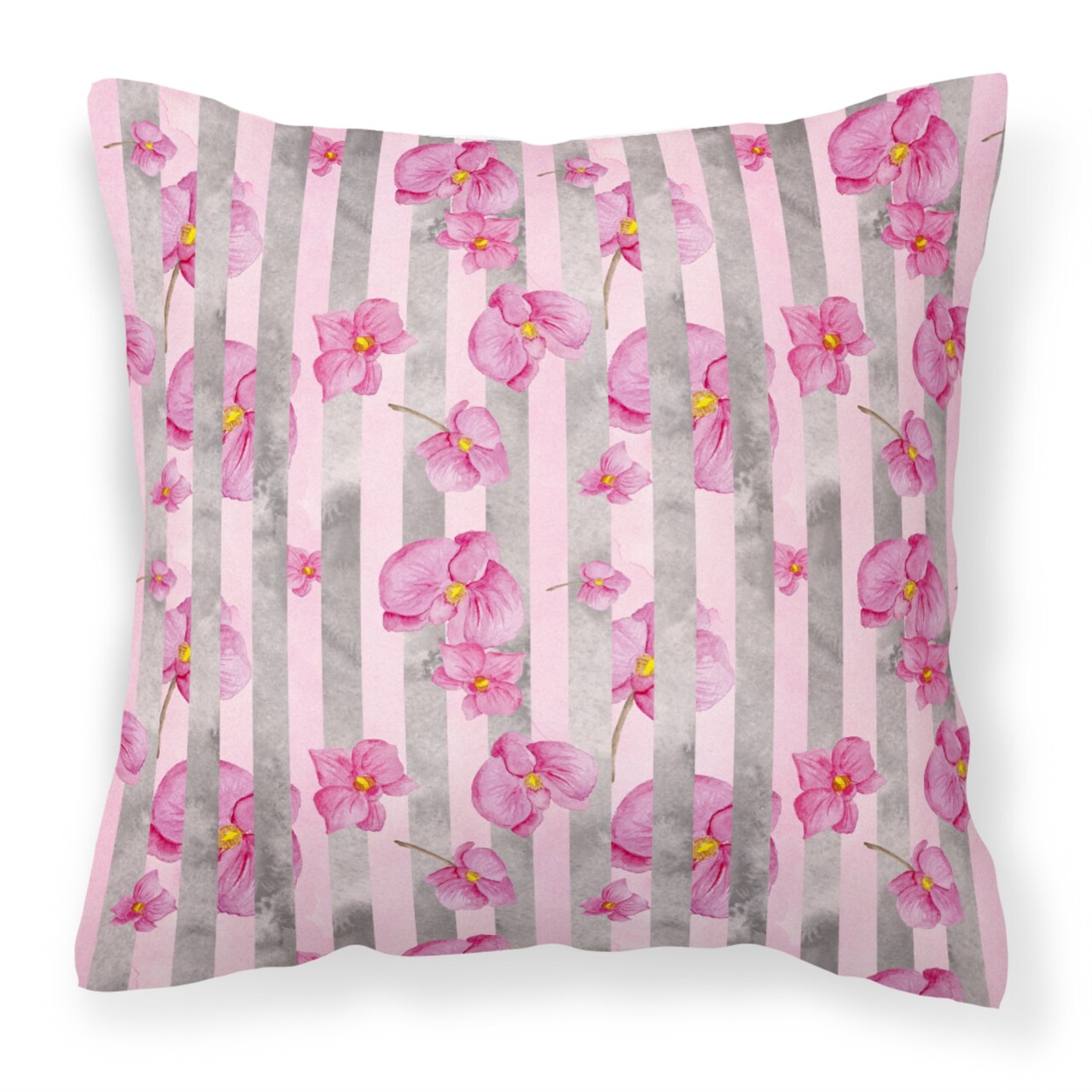 "Caroline's Treasures BB7502PW1414 Watercolor Pink Flowers Grey Stripes Outdoor Canvas Pillow, Multicolor"